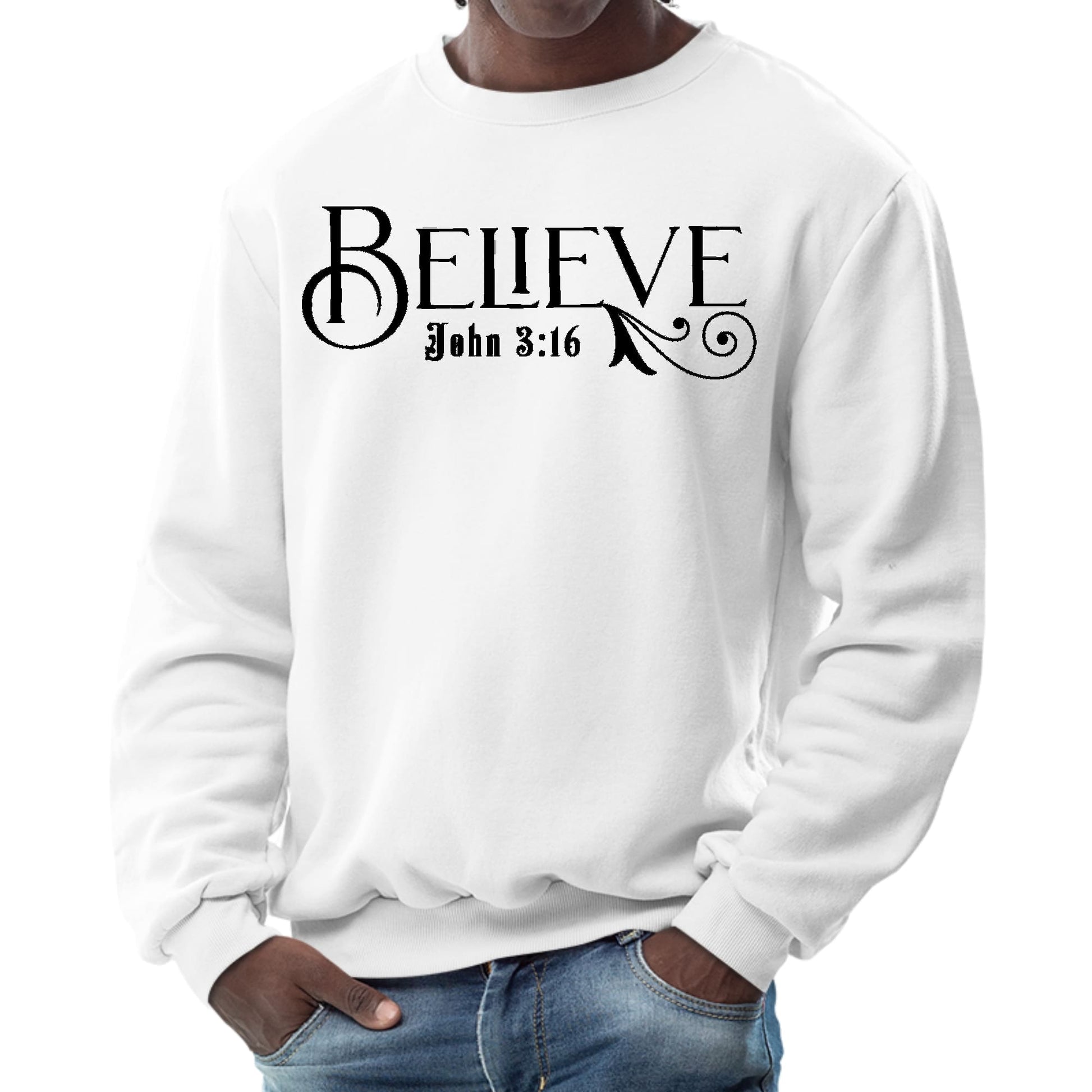 Mens Graphic Sweatshirt - Believe John 3:16 Black Illustration-0