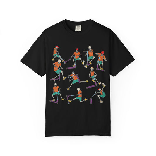 Skeleton Scoot T-Shirt, Unisex Graphic Tee, Spooky Season Apparel, Cool Halloween Gift, Casual Streetwear